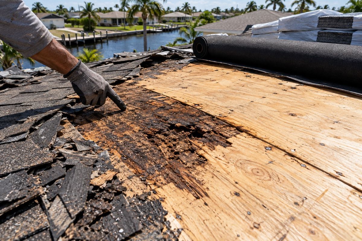 Exposed roof decking with a rotted patch during tear-off work