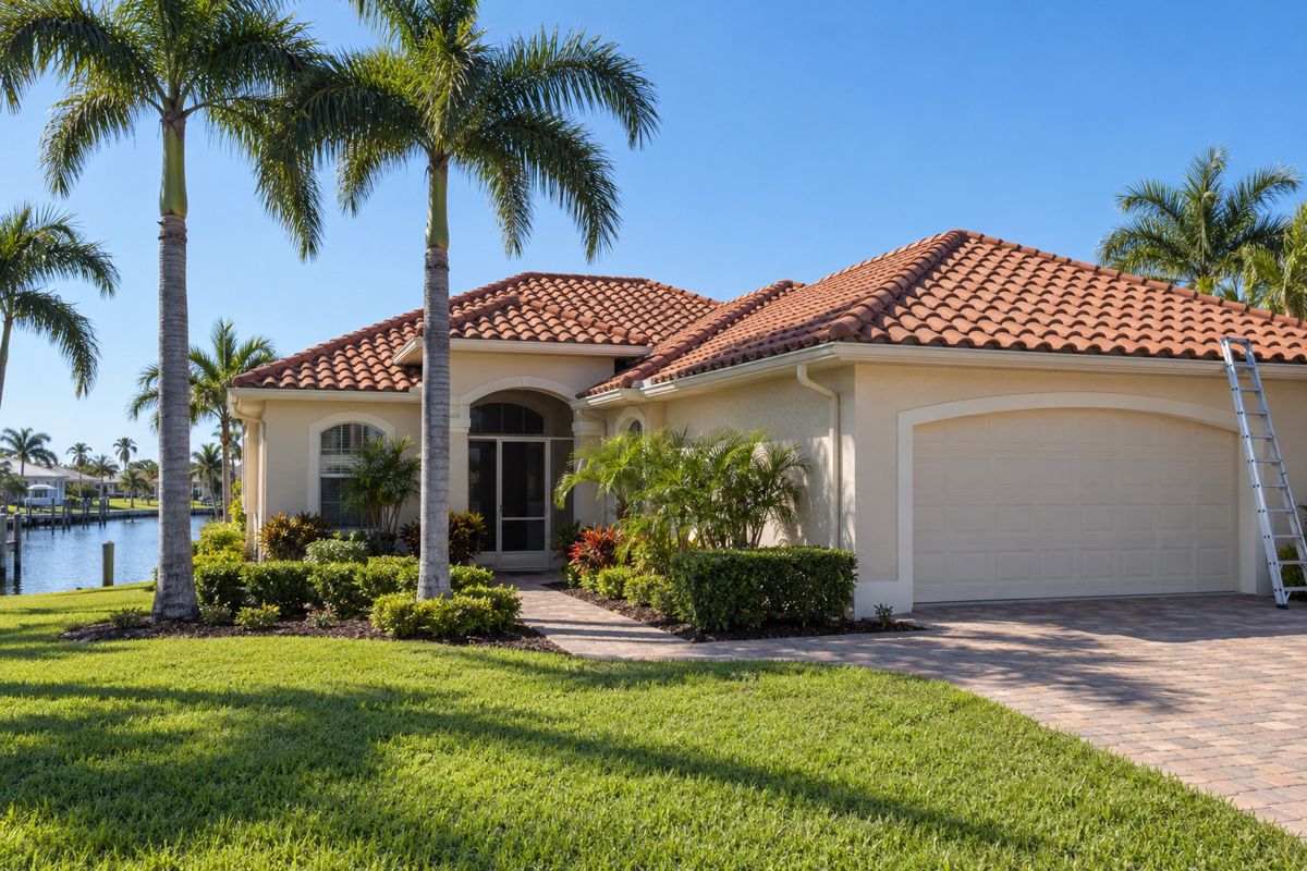 Finished barrel tile roof on a stucco house under a clear blue sky