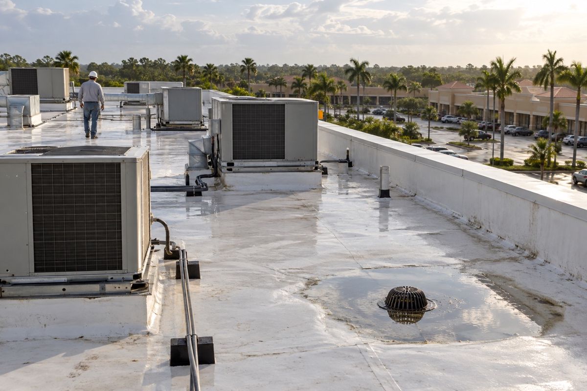 White flat membrane roof with air conditioning units on a Florida plaza