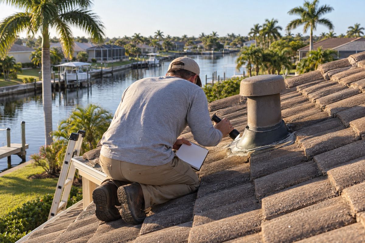 Inspector kneeling on a tile roof checking vent flashing with a flashlight