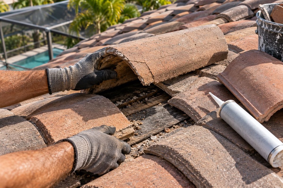 Gloved hands resetting a cracked concrete tile on a Florida roof