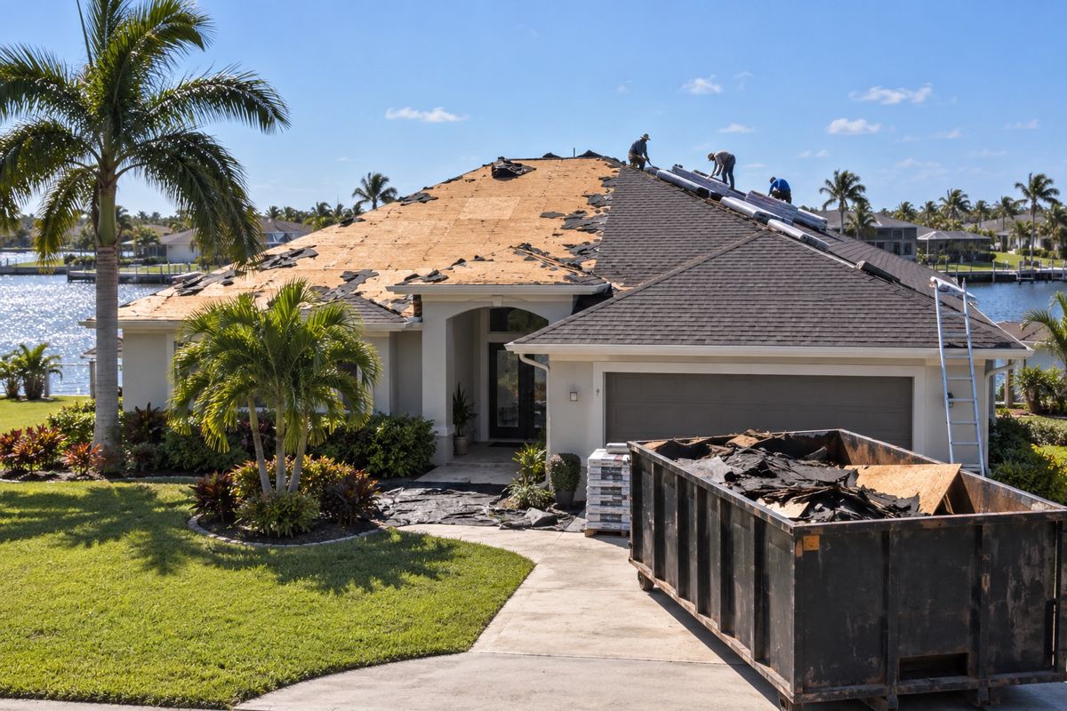 Half-stripped shingle roof on a canal-front home during replacement work